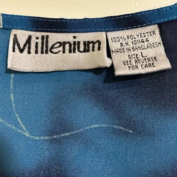 Millenium Blue Floral Maxi Dress Tie Dye V-Neck Y2K 90s Chiffon Sz L - Picture 6 of 6